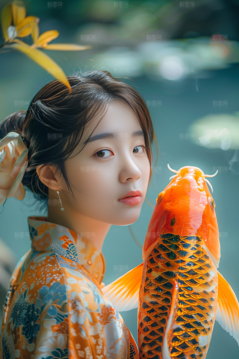 锦鲤汉服美女优雅传统素材