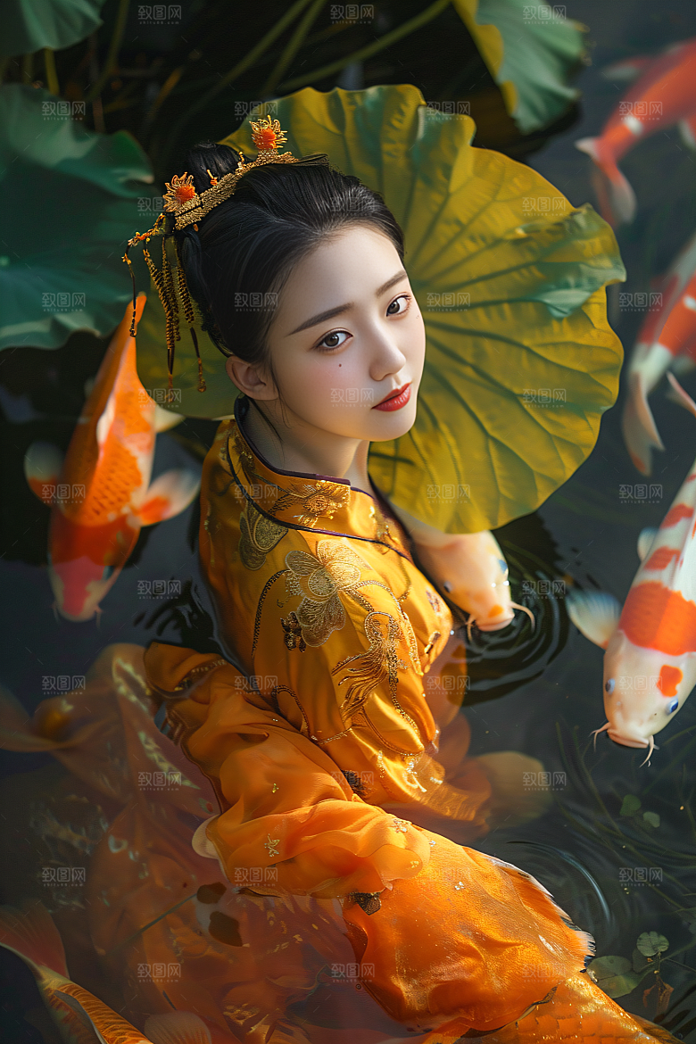 锦鲤汉服美女吉祥中国风素材
