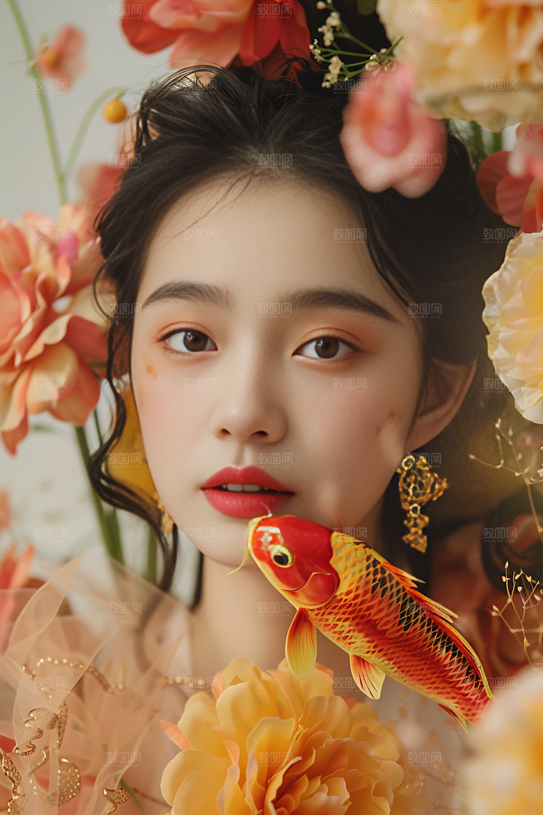 锦鲤汉服美女唯美吉祥素材