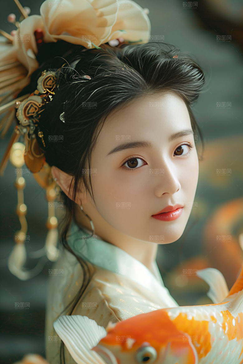 锦鲤汉服美女肖像唯美素材