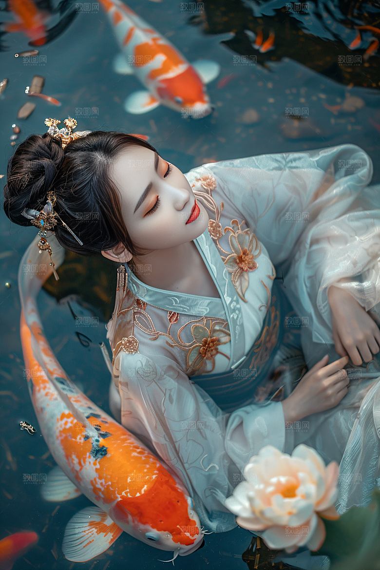 锦鲤汉服美女精致人像素材