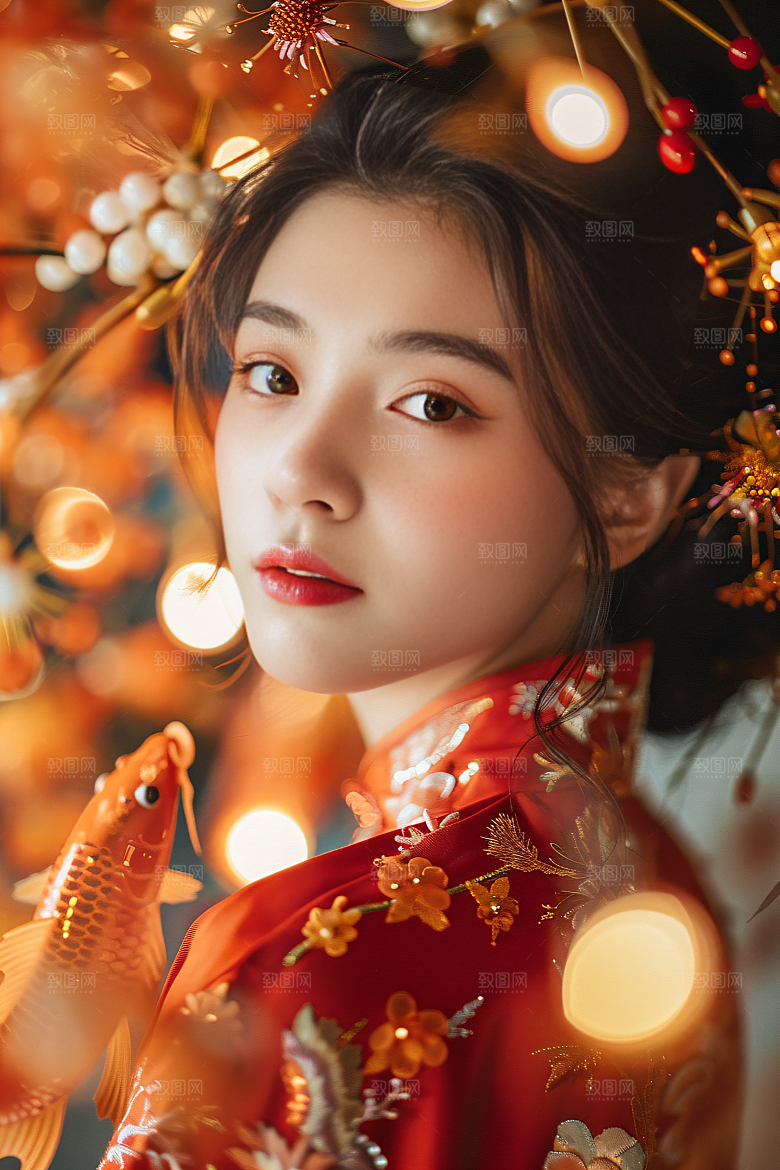 锦鲤汉服美女吉祥中国风素材