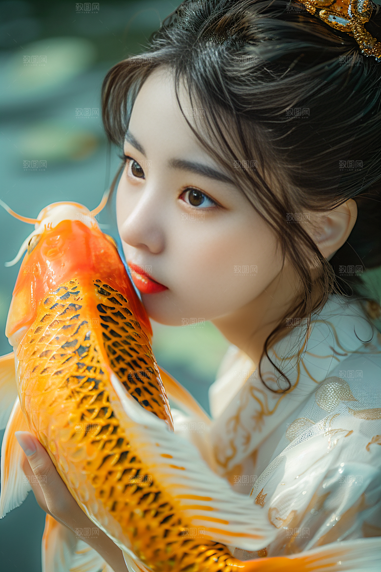 锦鲤汉服美女精致古风素材