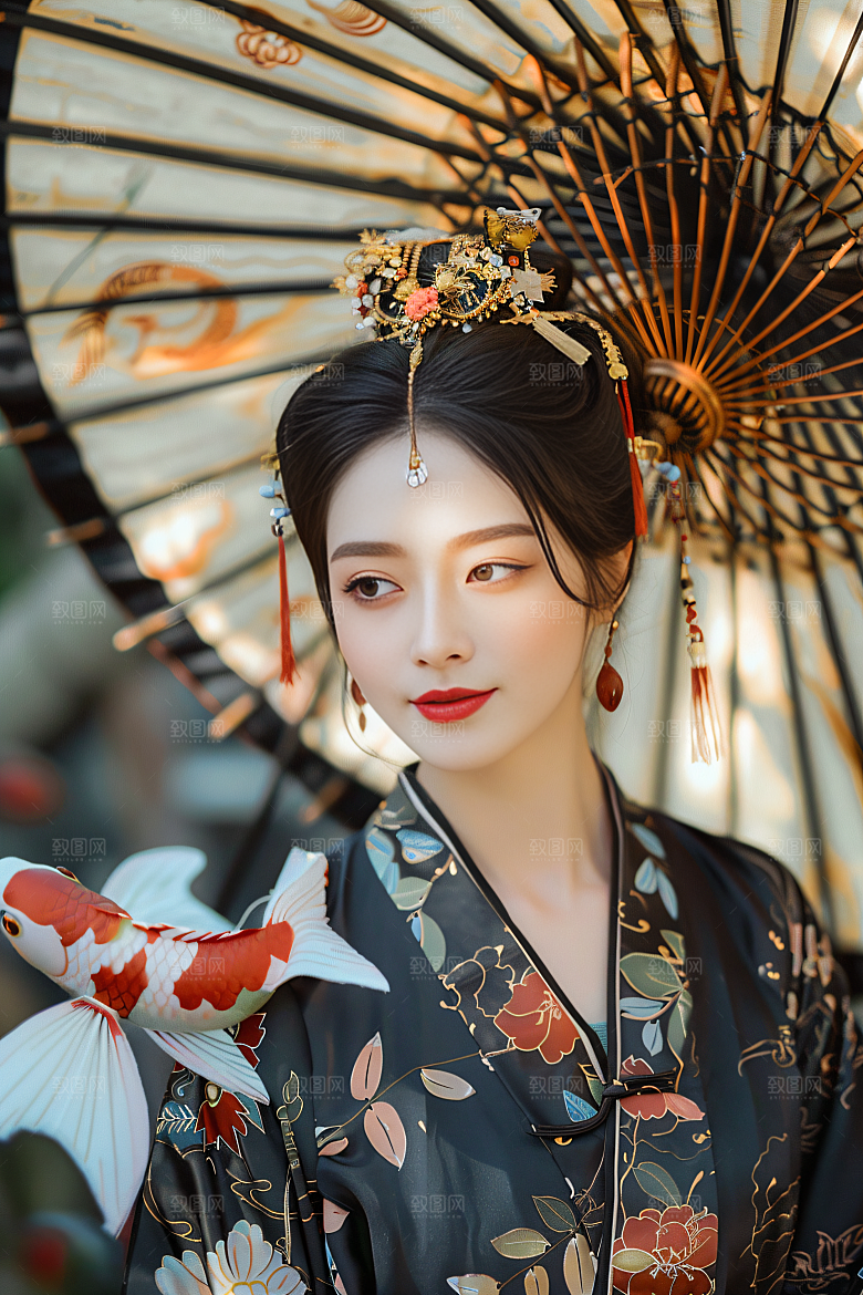 锦鲤汉服美女肖像优雅素材