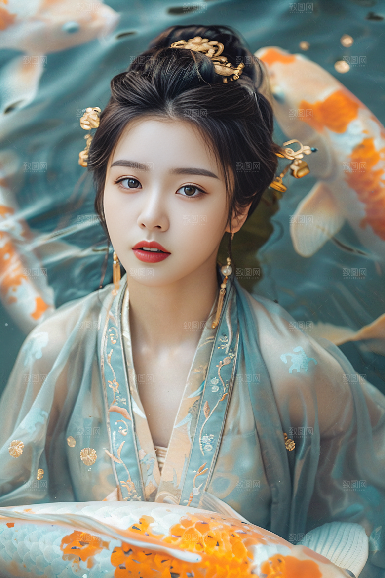 锦鲤汉服美女精致中国风素材