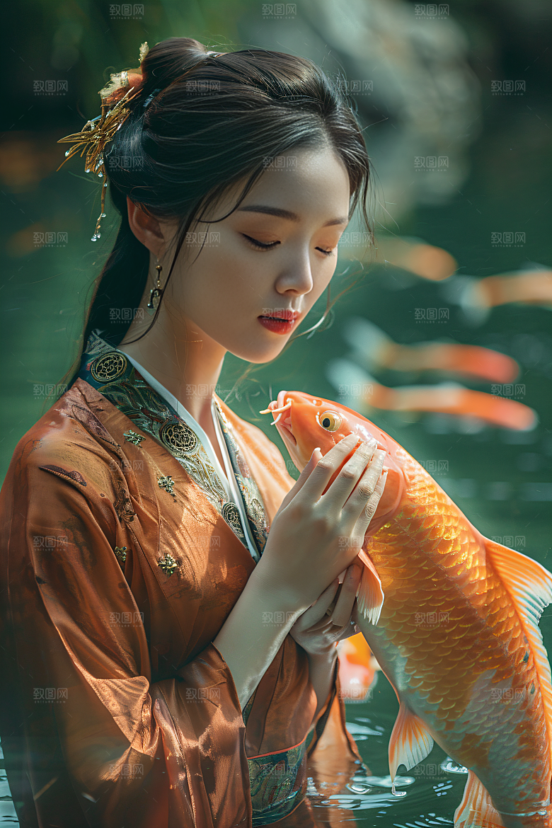 锦鲤汉服美女古风高清素材