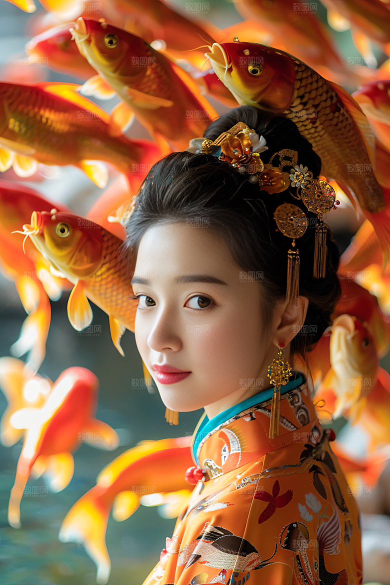 锦鲤汉服美女人像高清素材