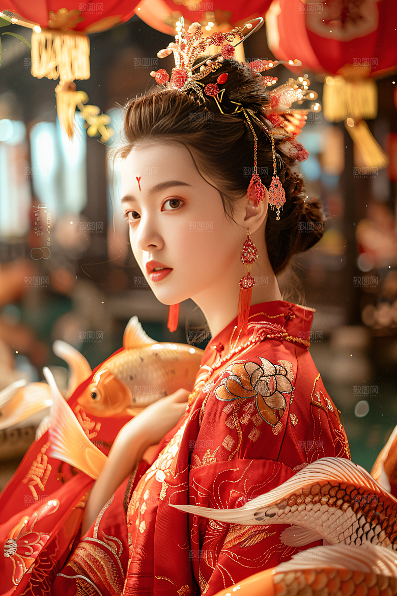 锦鲤汉服美女古风唯美素材