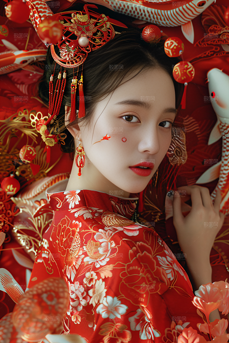 锦鲤汉服美女唯美人像素材