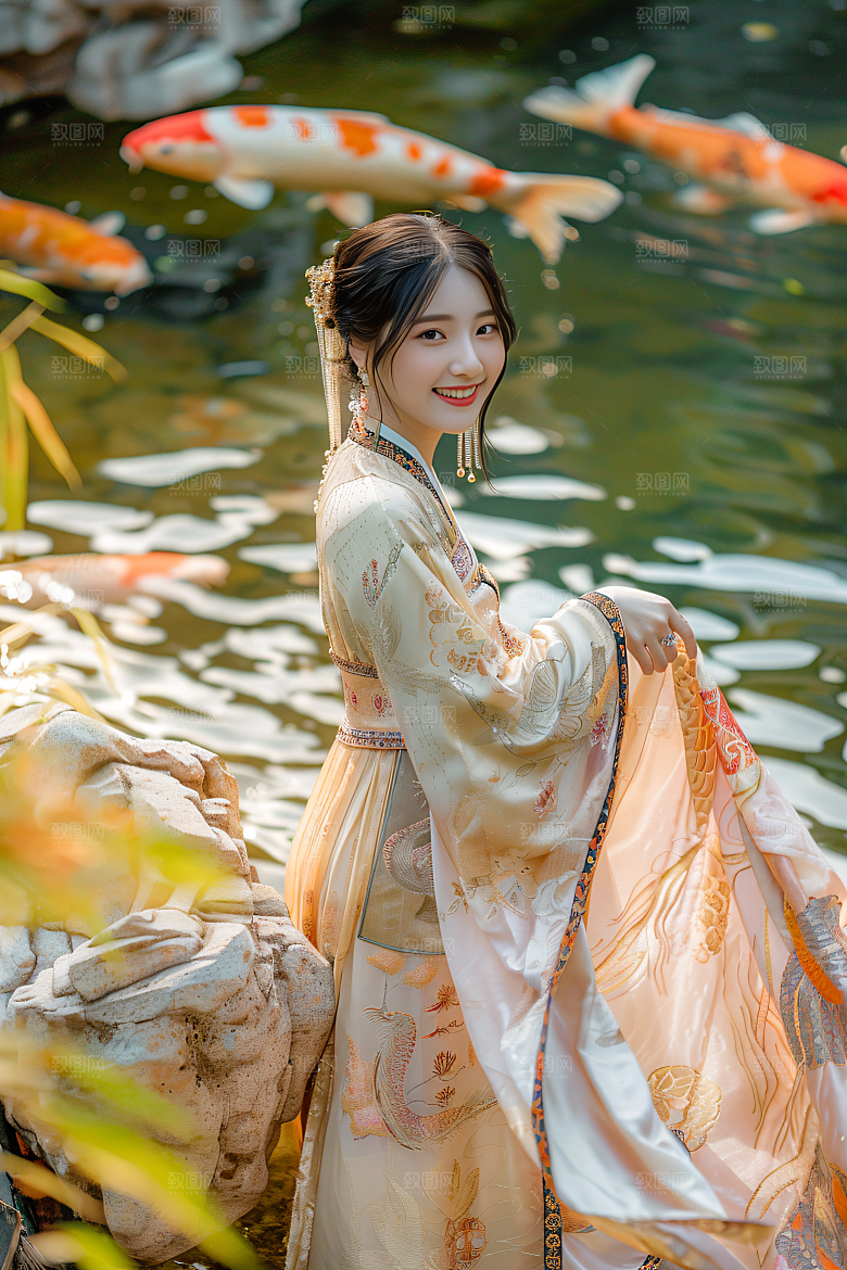 锦鲤汉服美女唯美吉祥素材