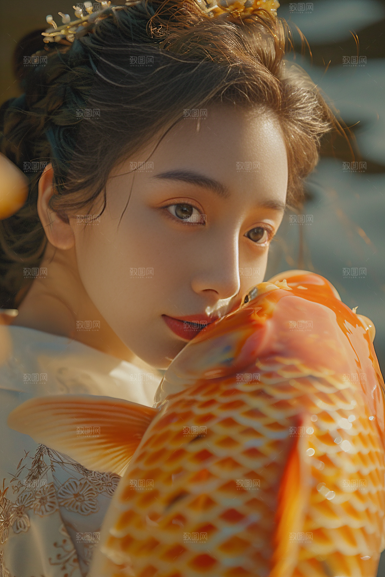 锦鲤汉服美女精致唯美素材