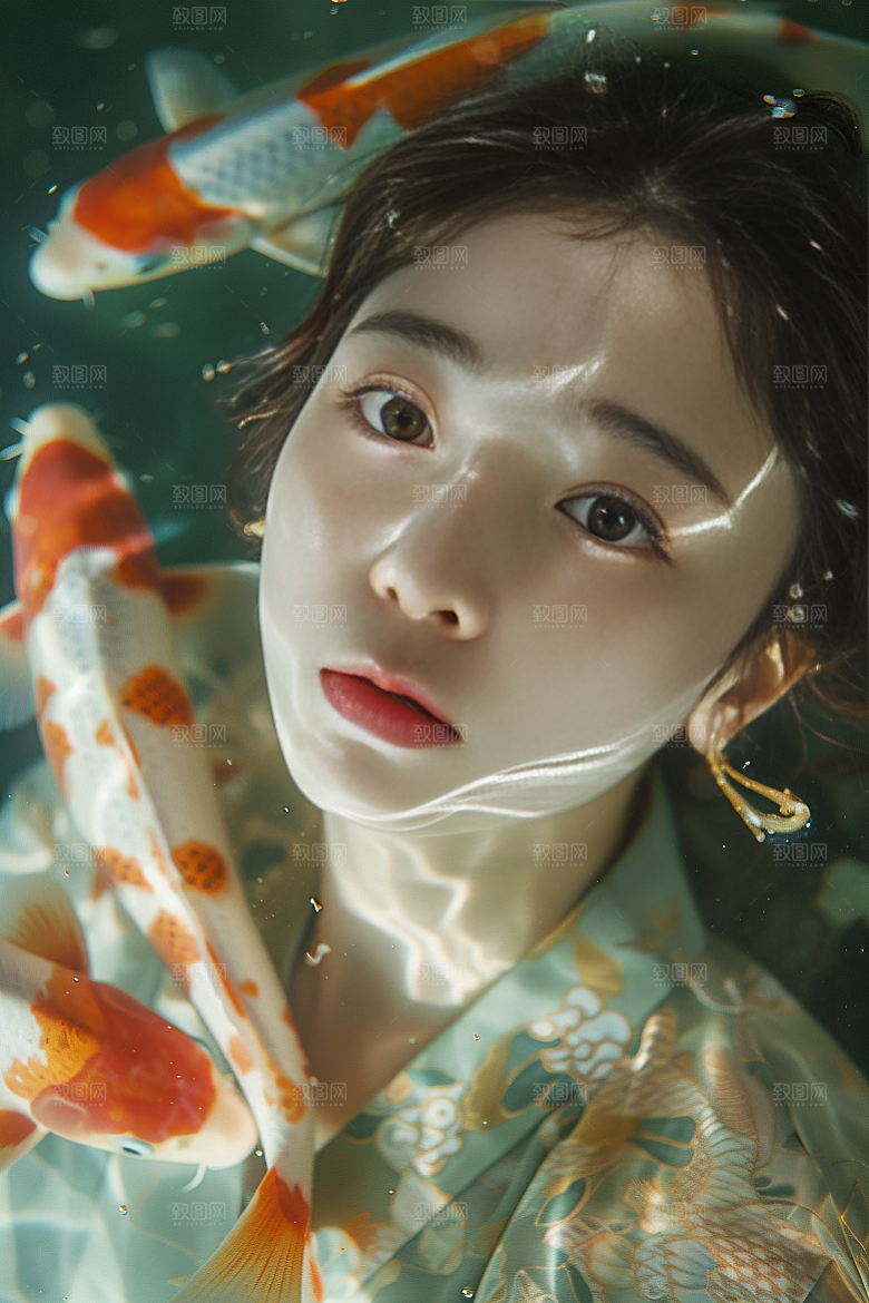锦鲤汉服美女金鱼吉祥素材