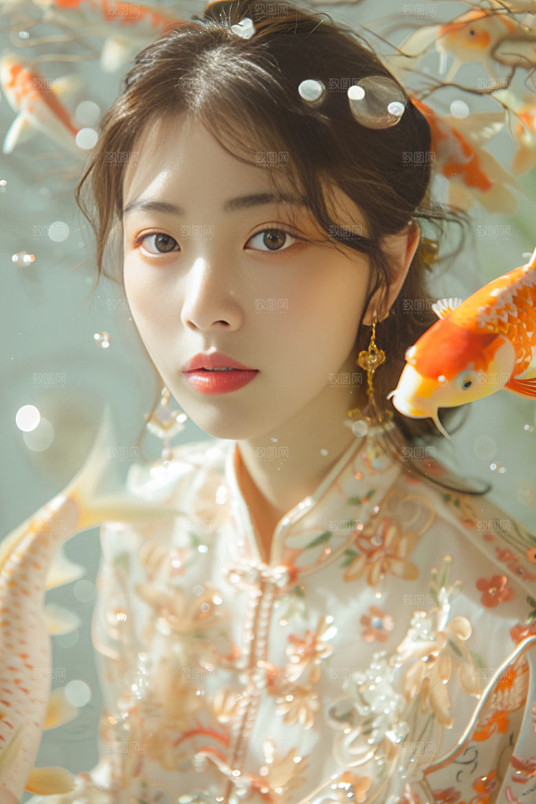 锦鲤汉服美女金鱼精致素材