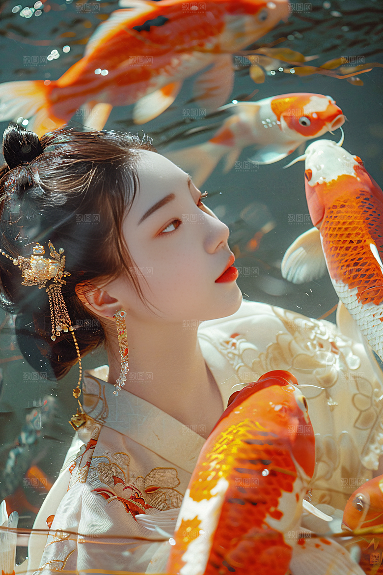 锦鲤汉服美女肖像传统素材