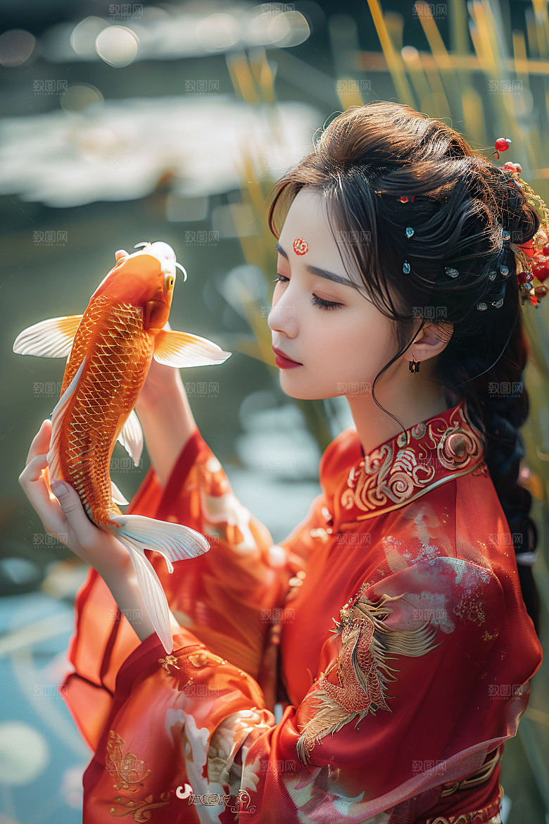 锦鲤汉服美女古风唯美素材