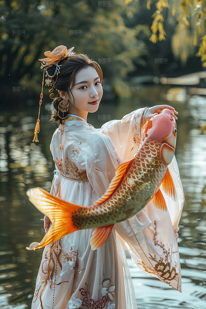 锦鲤汉服美女唯美金鱼素材