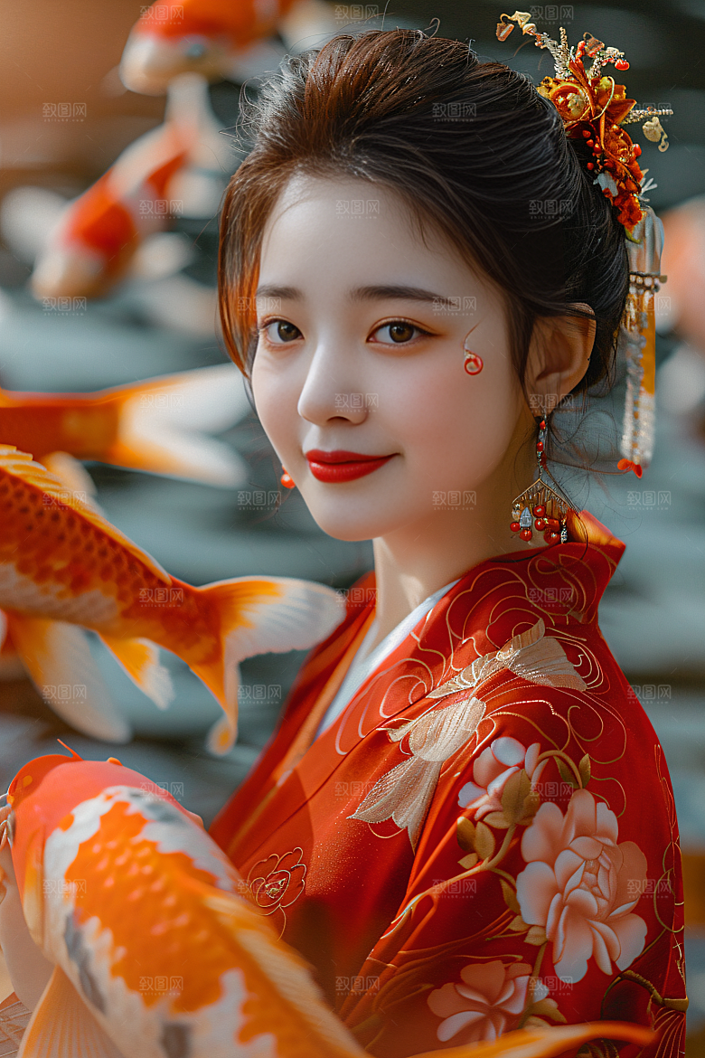 锦鲤汉服美女精致唯美素材