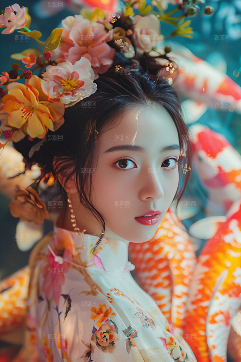 锦鲤汉服美女中国风肖像素材