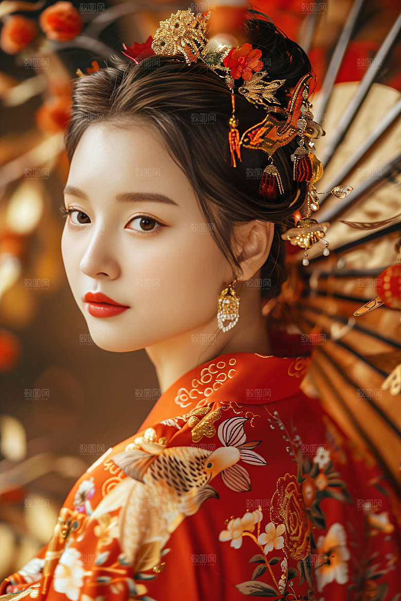 锦鲤汉服美女唯美金鱼素材