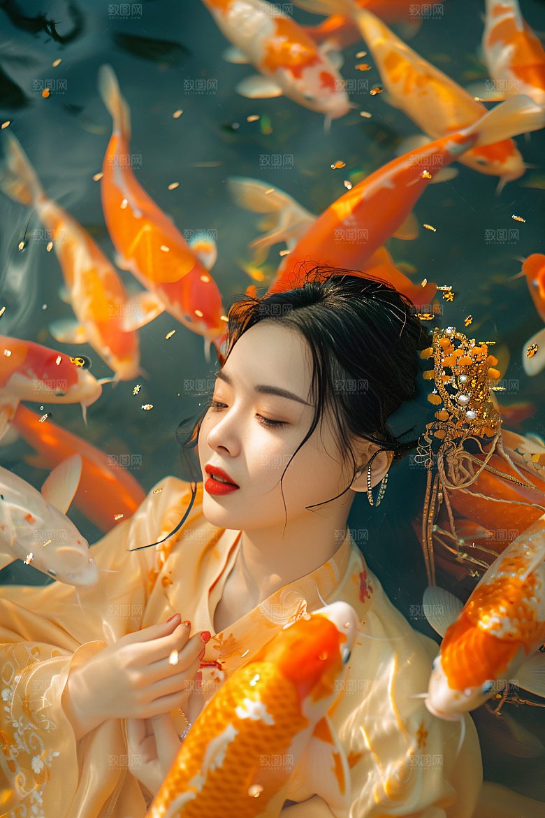 锦鲤汉服美女古风金鱼素材