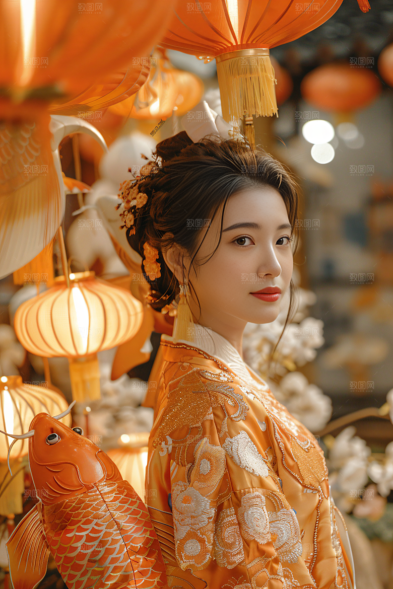 锦鲤汉服美女金鱼高清素材