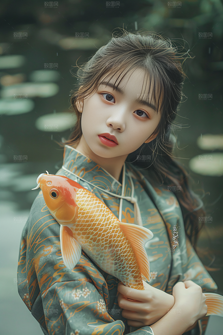 锦鲤汉服美女吉祥唯美素材