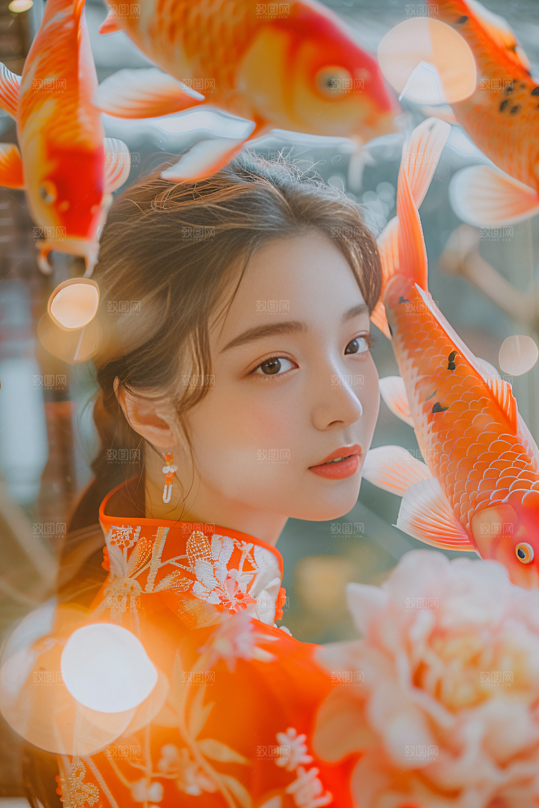 锦鲤汉服美女金鱼肖像素材