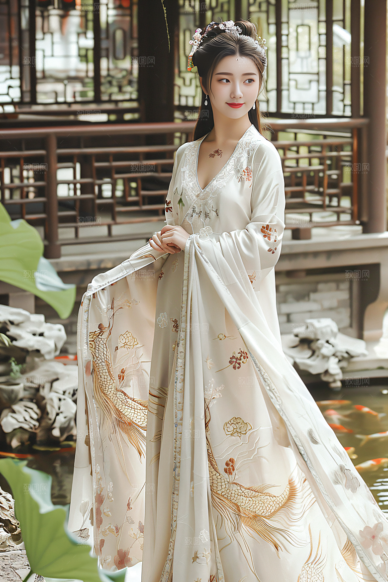 锦鲤汉服美女中国风传统素材