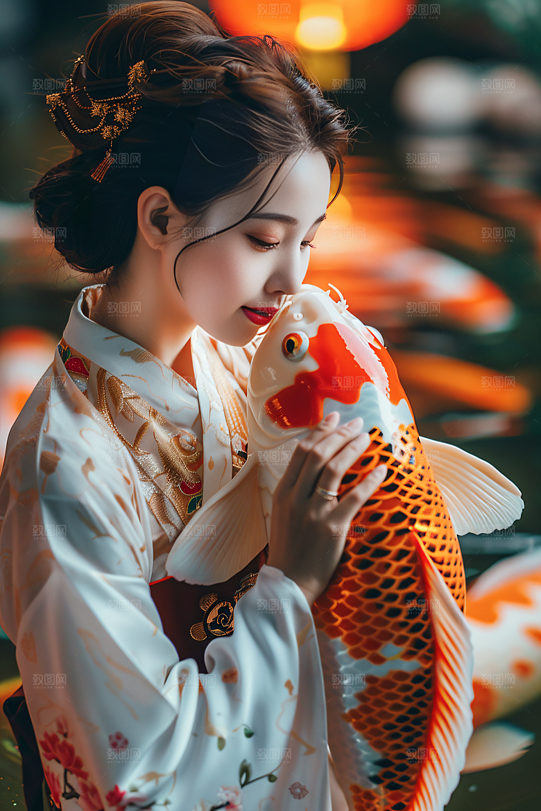 锦鲤汉服美女中国风精致素材