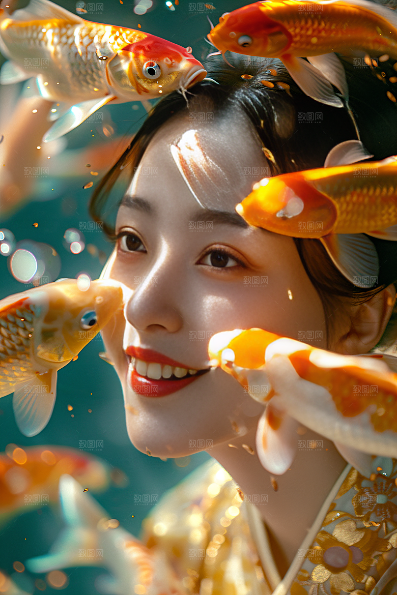 锦鲤汉服美女吉祥优雅素材