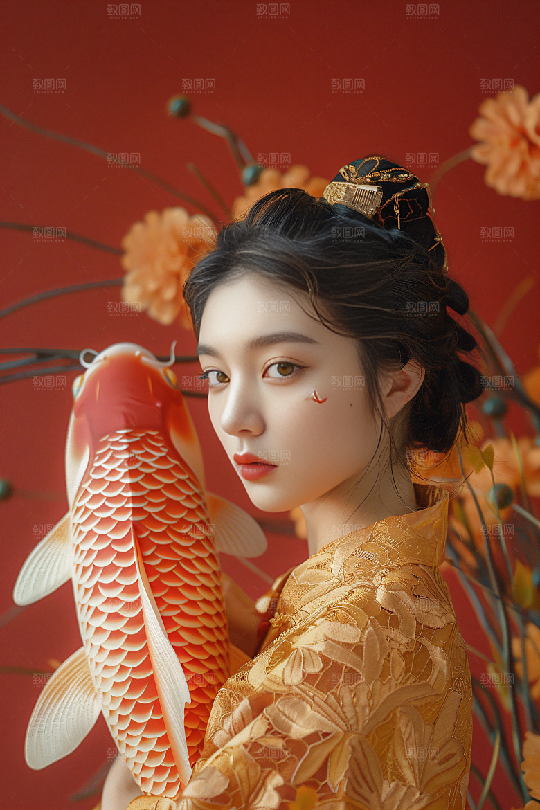 锦鲤汉服美女肖像古风素材