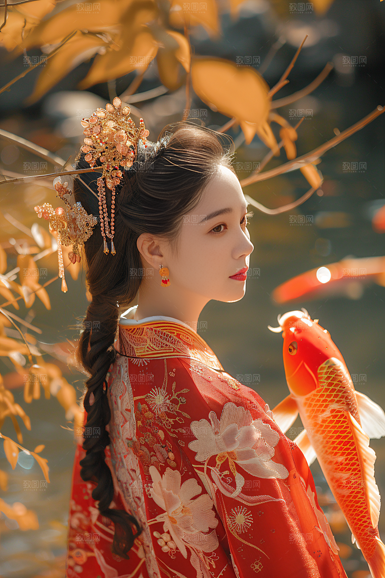锦鲤汉服美女传统唯美素材