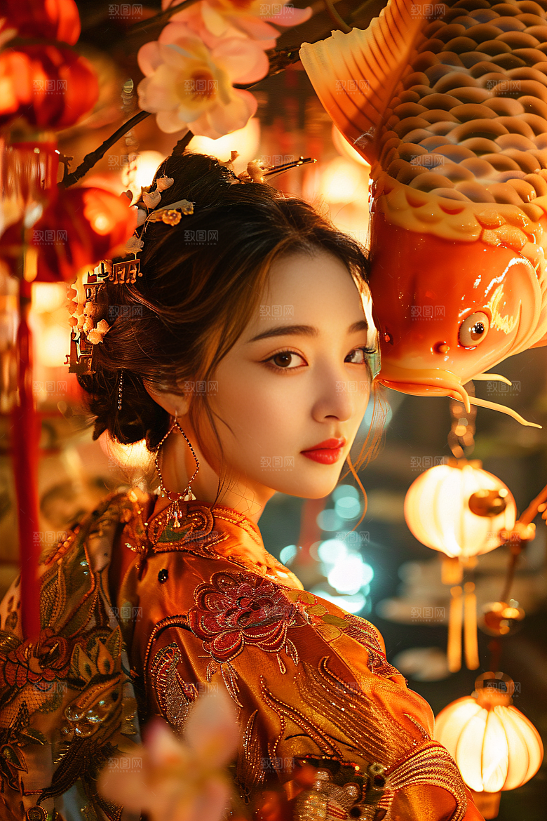 锦鲤汉服美女中国风优雅素材