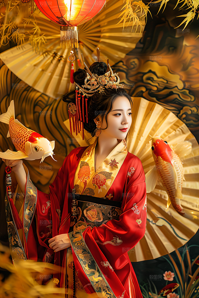 锦鲤汉服美女唯美吉祥素材