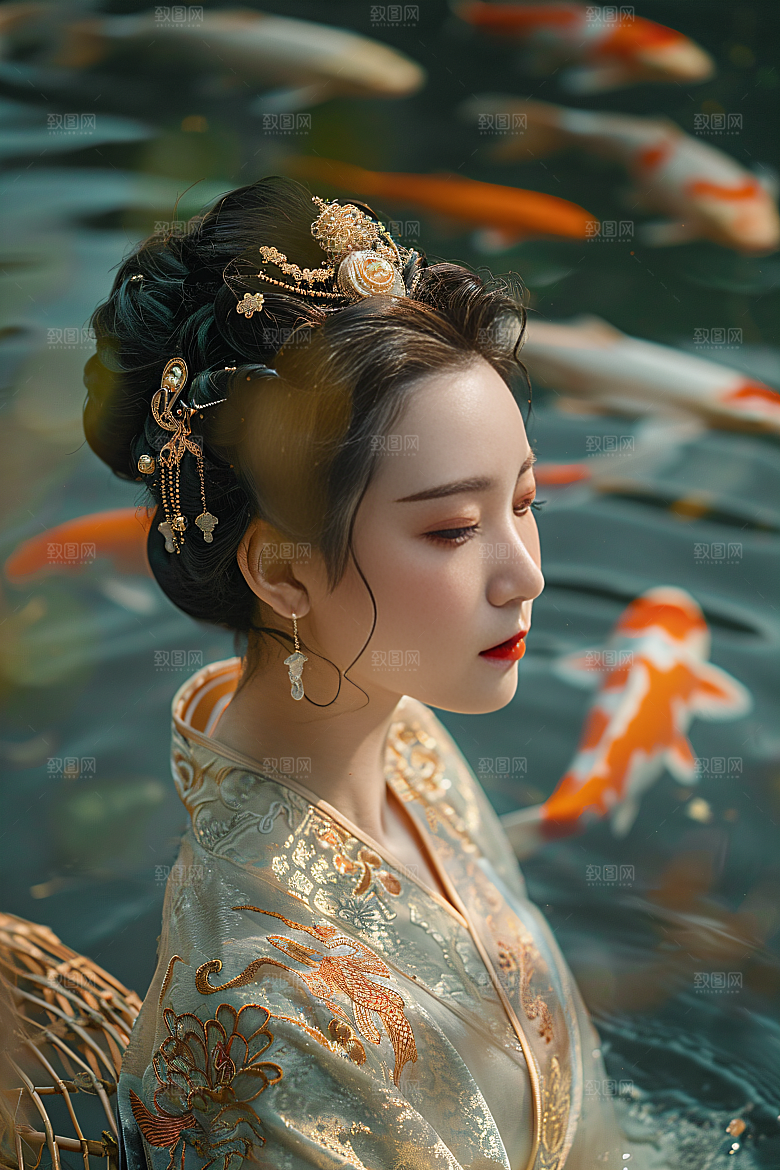 锦鲤汉服美女精致吉祥素材