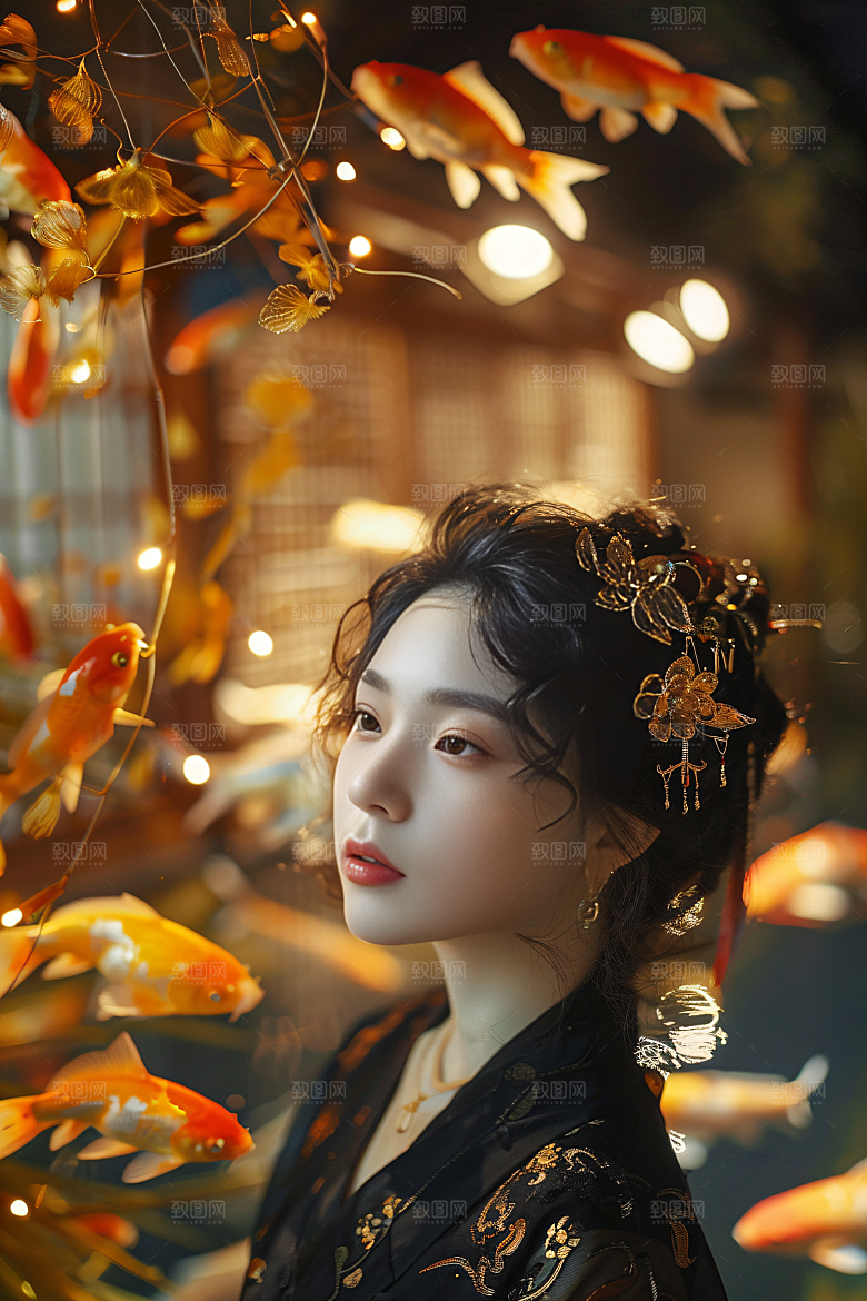 锦鲤汉服美女唯美古风素材