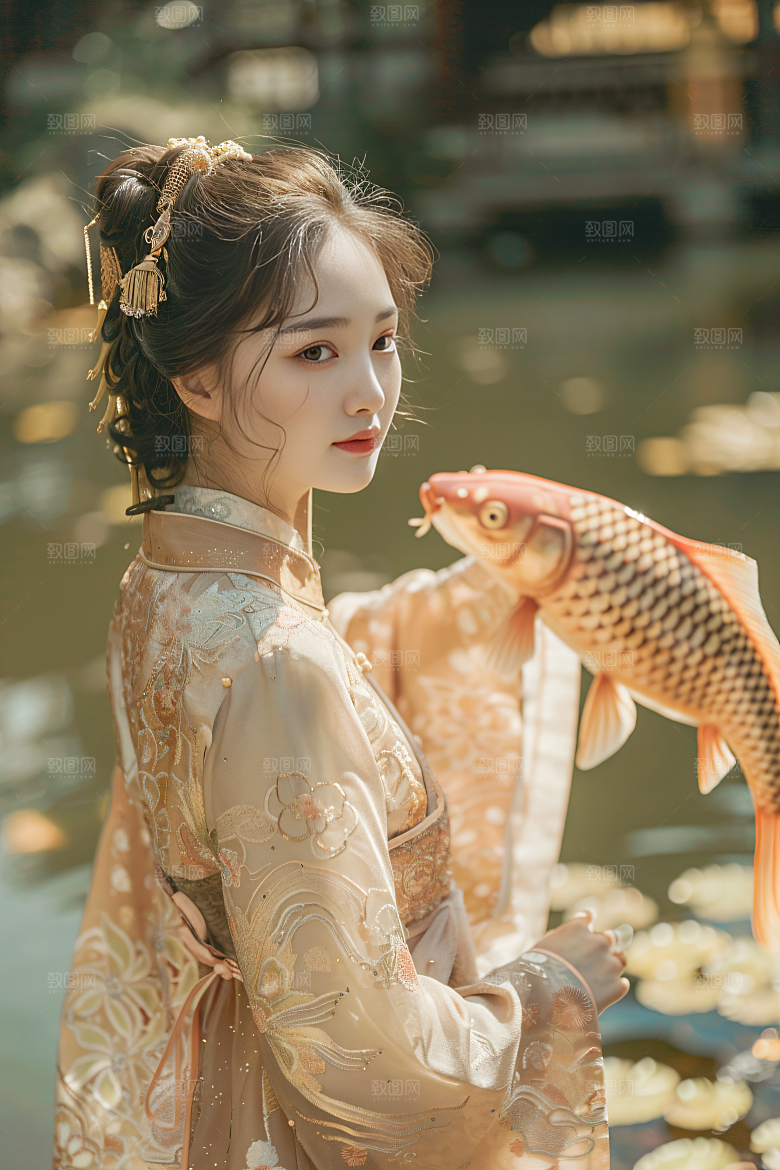 锦鲤汉服美女古风精致素材