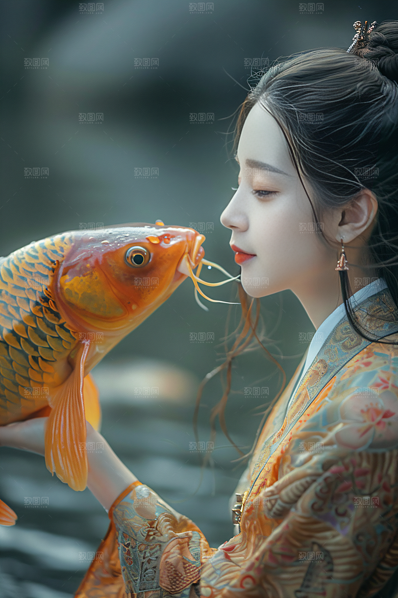 锦鲤汉服美女人像唯美素材