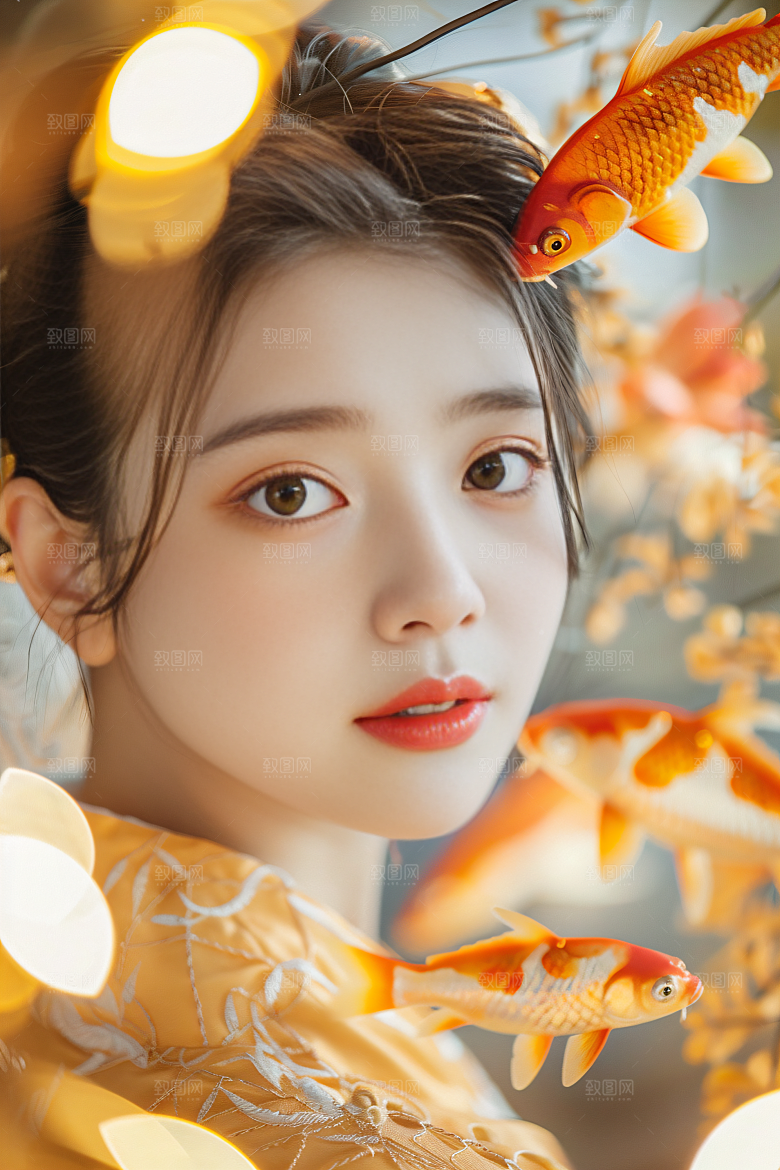 锦鲤汉服美女高清优雅素材