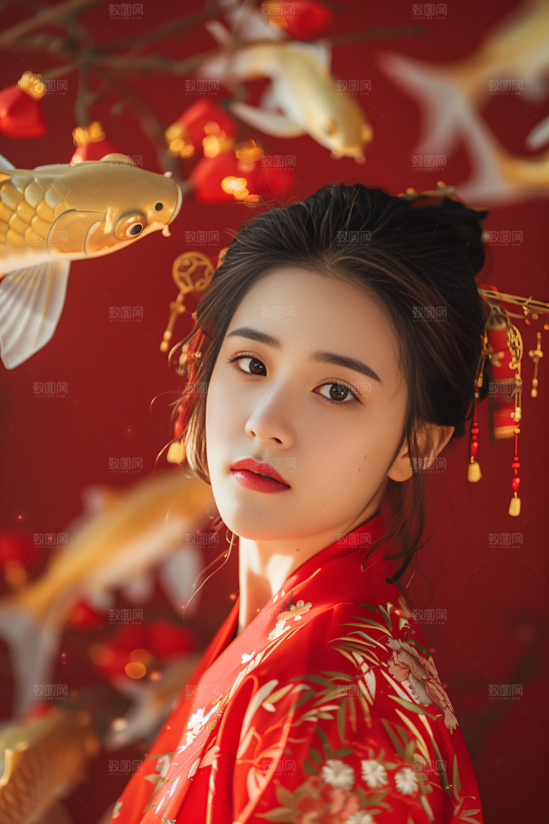 锦鲤汉服美女肖像优雅素材