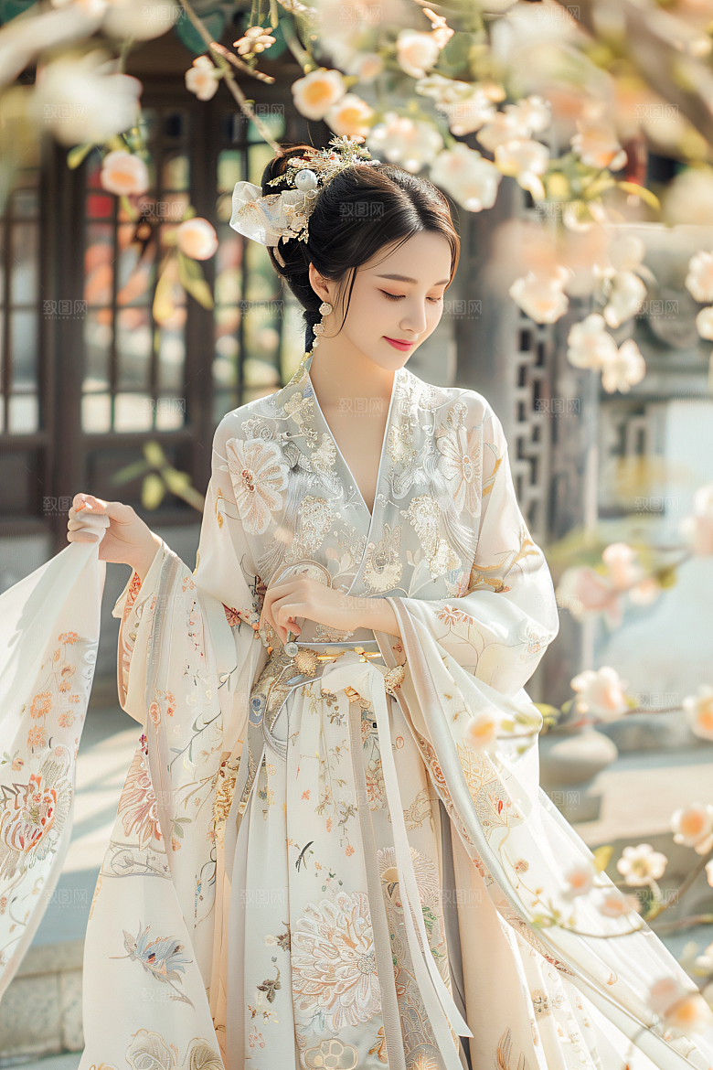 锦鲤汉服美女吉祥唯美素材