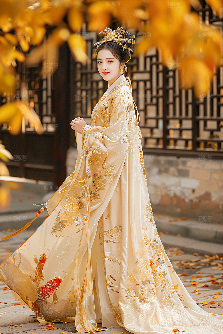 锦鲤汉服美女唯美高清素材