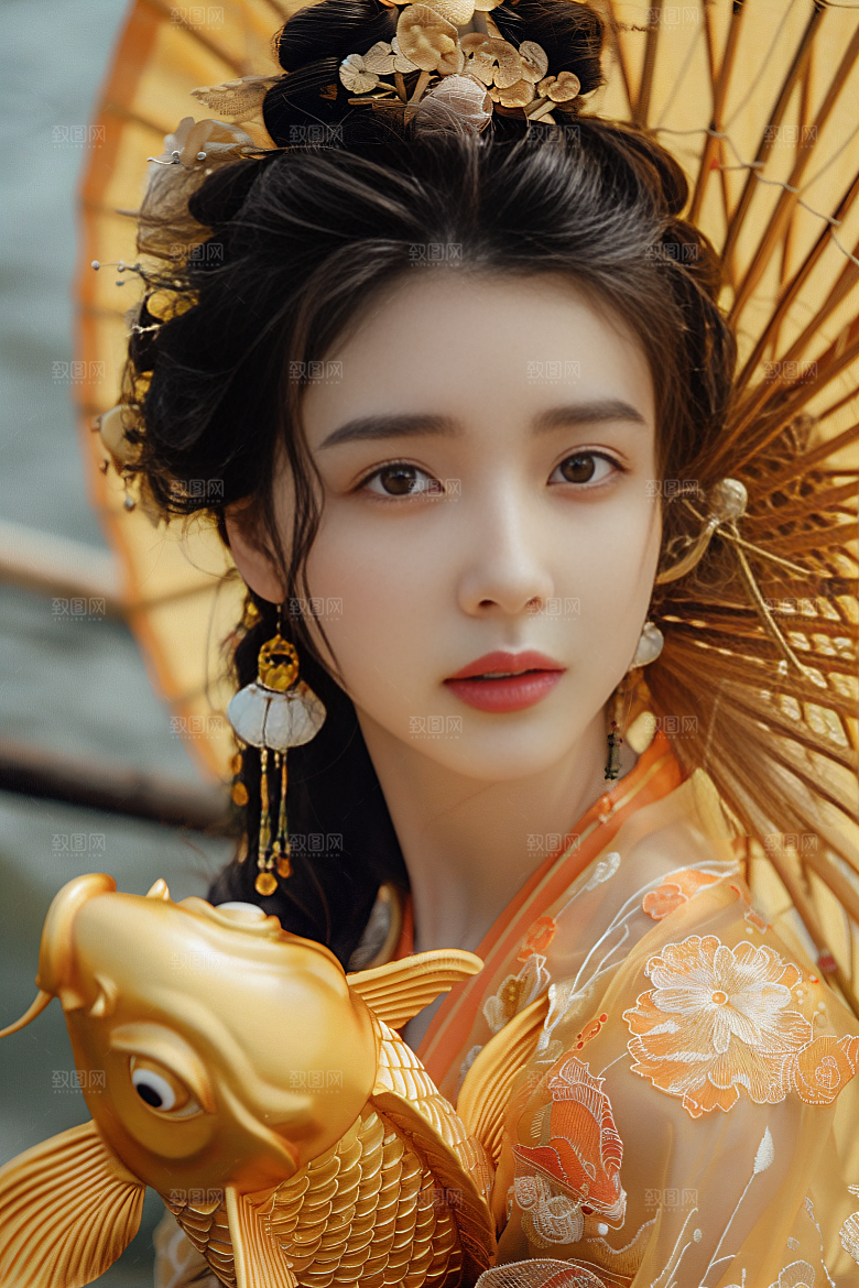 锦鲤汉服美女吉祥古风素材