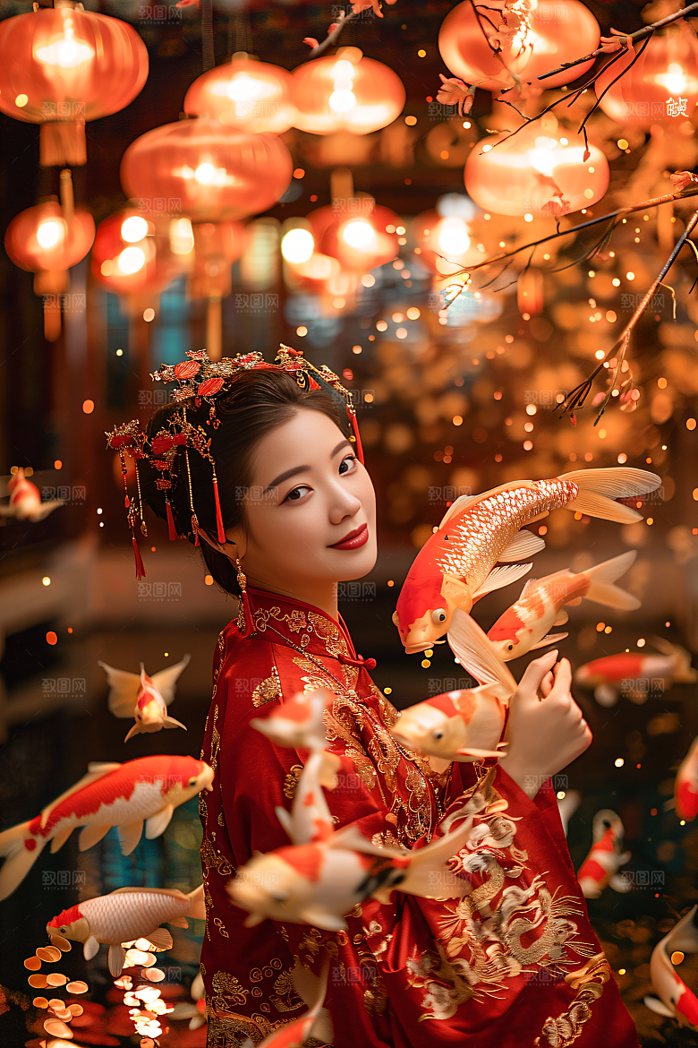 锦鲤汉服美女吉祥肖像素材