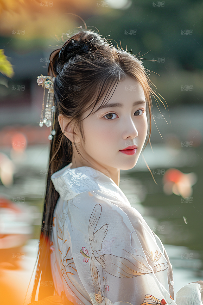锦鲤汉服美女古风吉祥素材