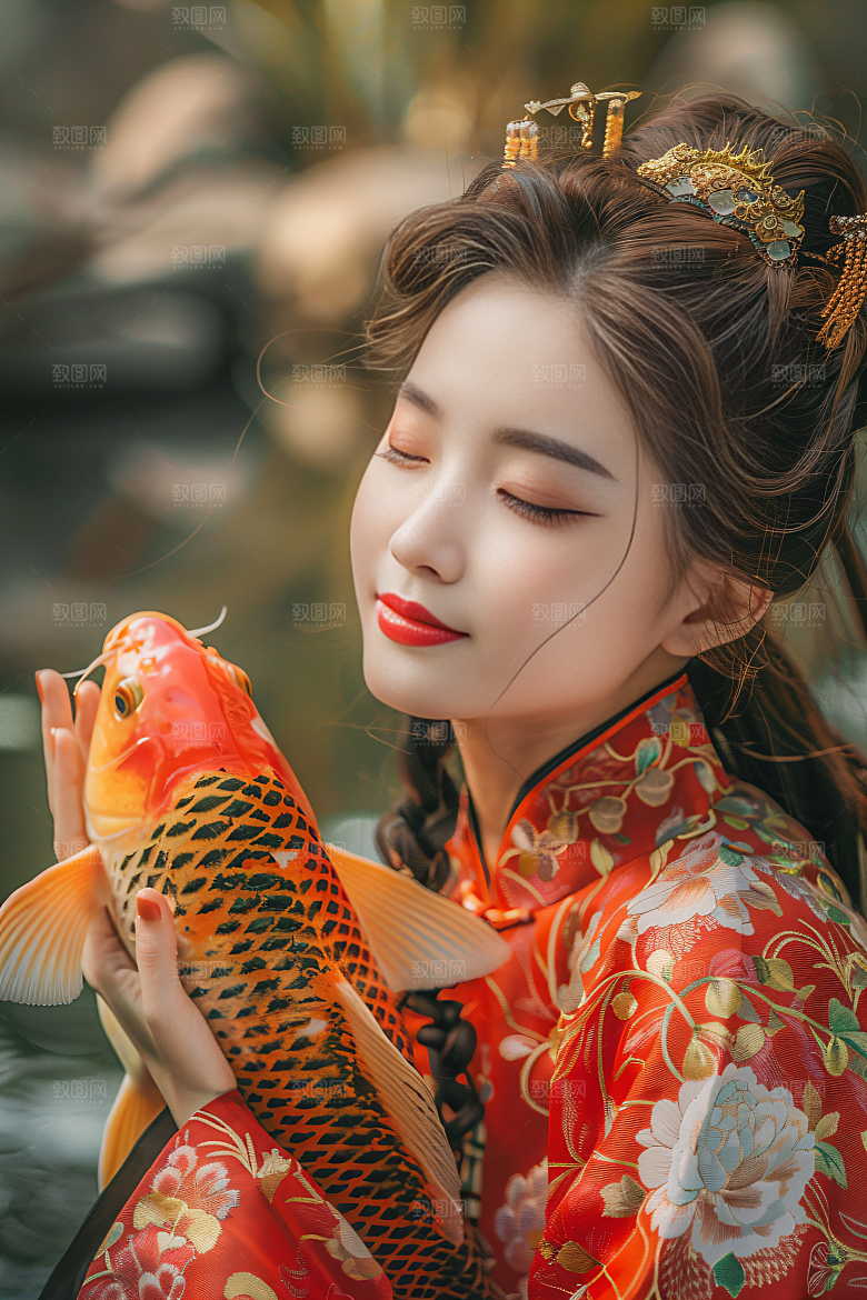 锦鲤汉服美女精致古风素材