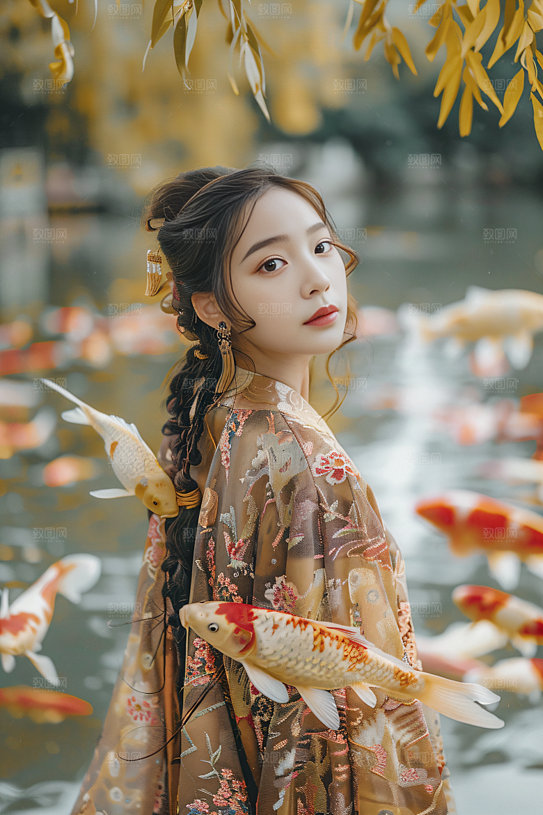 锦鲤汉服美女古风唯美素材