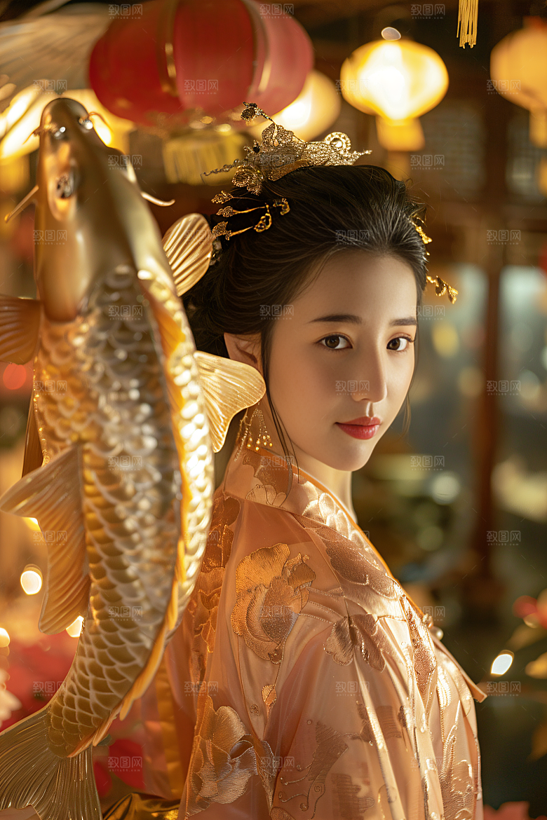 锦鲤汉服美女吉祥高清素材