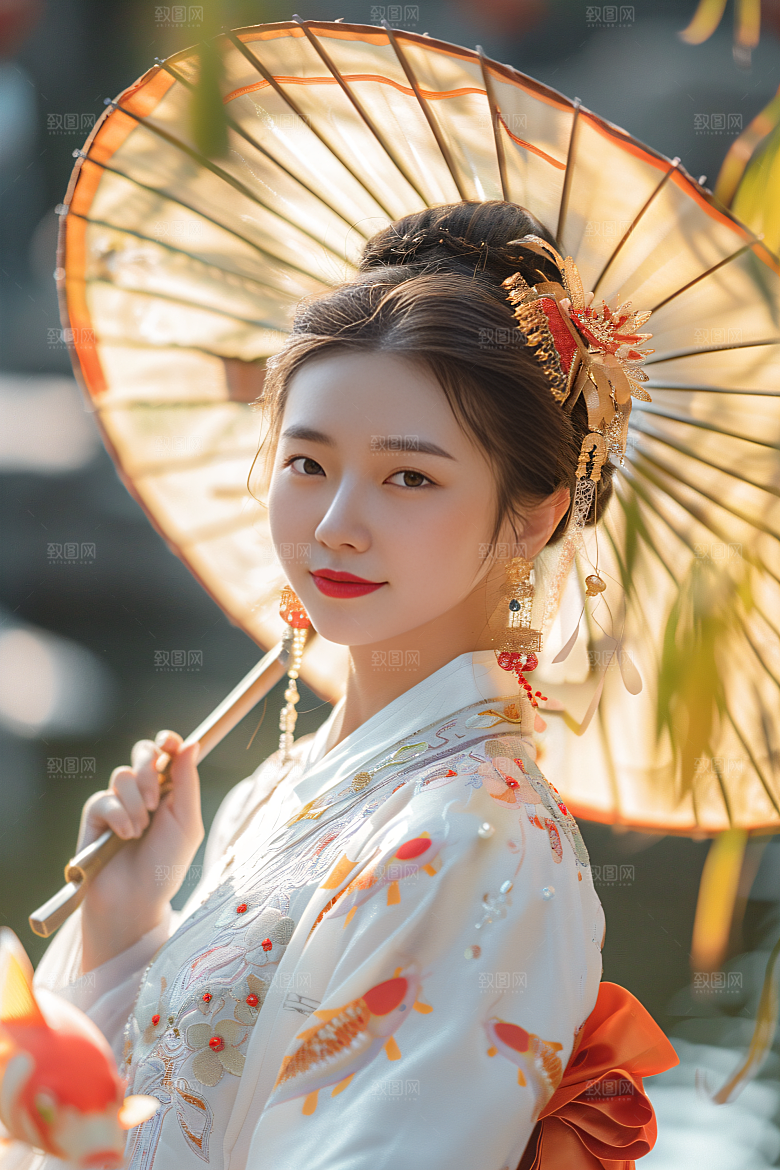 锦鲤汉服美女中国风古风素材