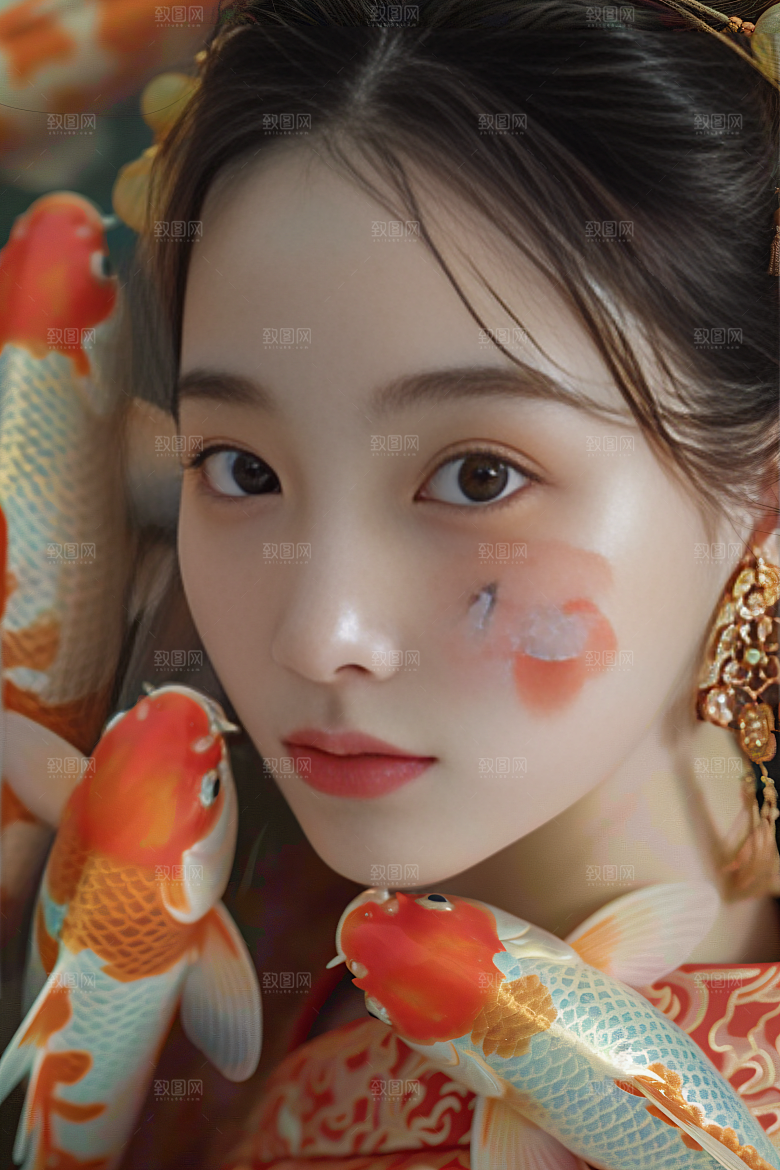 锦鲤汉服美女优雅肖像素材